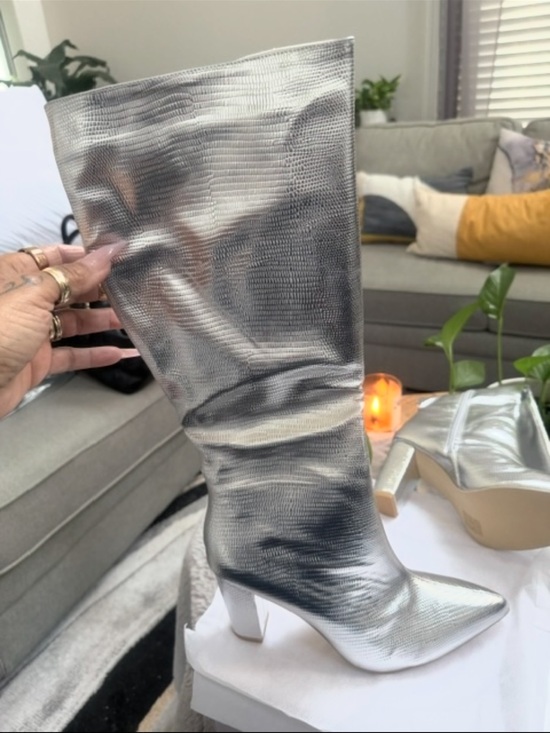 Shoes - Silver Metallic Pointed Toe Mid-Calf Heel Boots - Women